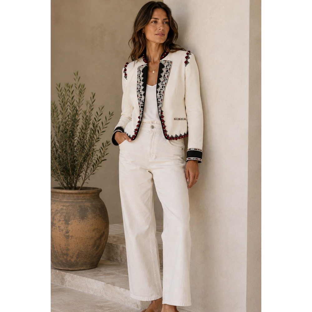 Talitha Cream Cotton Embroidered Pom Pom Boho Crop Luxury Blazer Jacket India 12